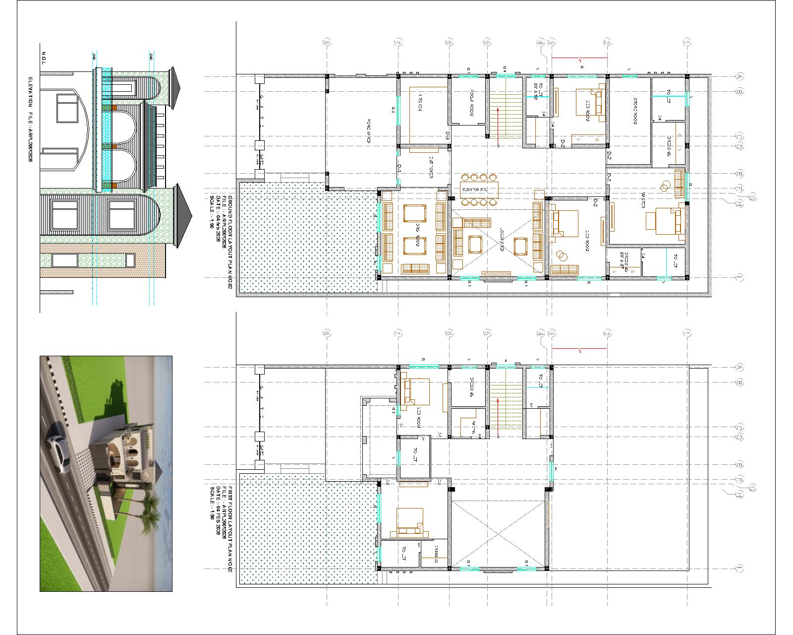 Modern 3BHK Duplex House Plan with Front Elevation – 46×100 ft. Plot (6200 sq.ft.)