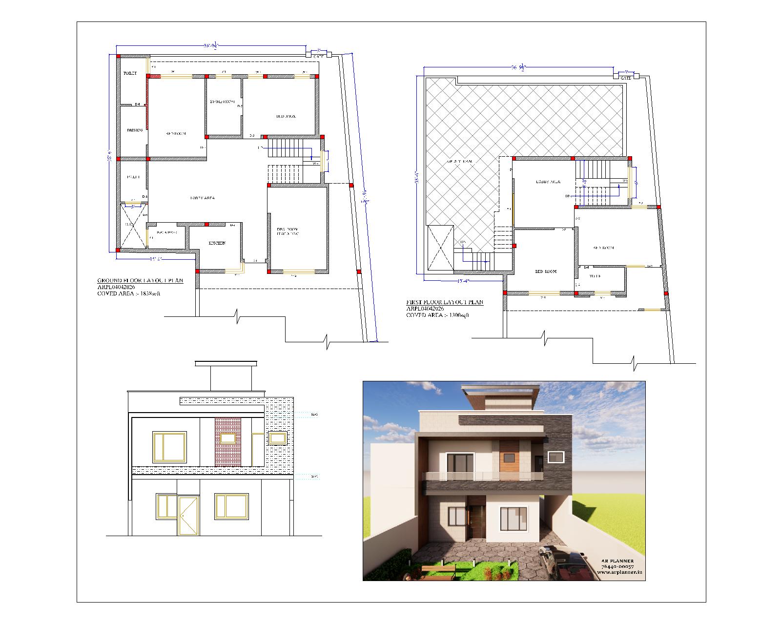 Modern 4BHK Duplex House Plan with Front Elevation – 46×100 ft. Plot (3138 sq.ft.)