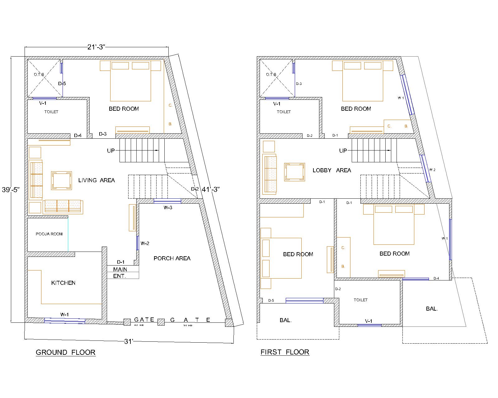 Modern 4BHK Duplex House Plan  – 42.6ft×61.6 ft. Plot ( 3186 sq.ft.)