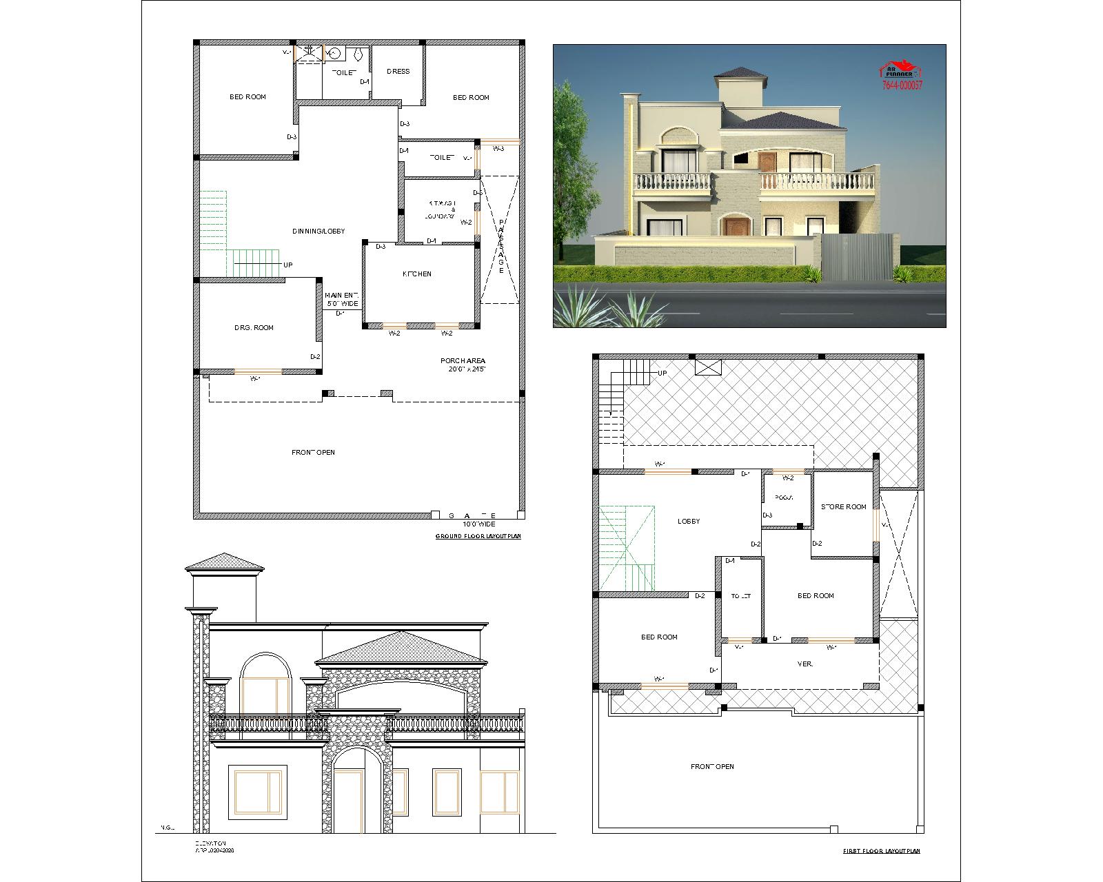 Modern 4BHK Duplex House Plan with Front Elevation – 42.6ft×61.6 ft. Plot ( 3186 sq.ft.)